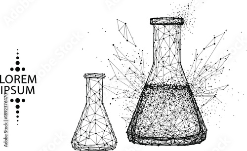Abstract wireframe low poly laboratory erlenmeyer flask, chemistry research icon, digital technology science concept,
