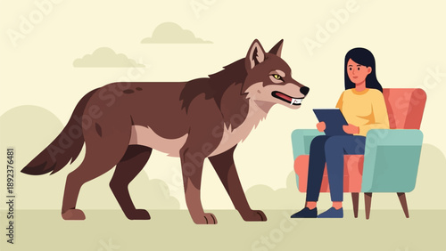 Fierce wolf approaches a calm woman sitting in a chair