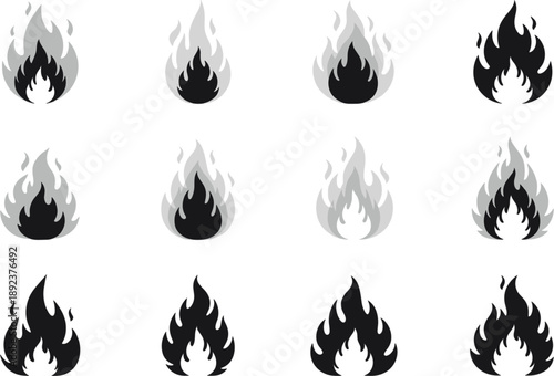 Abstract fire flame vector icon set with modern flat heat symbols on white