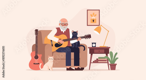 Elderly man plays guitar with cats nearby in cozy home setting
