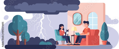 Family relaxing indoors during a thunderstorm with a pet