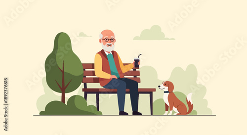Elderly man with dog on park bench enjoying a drink