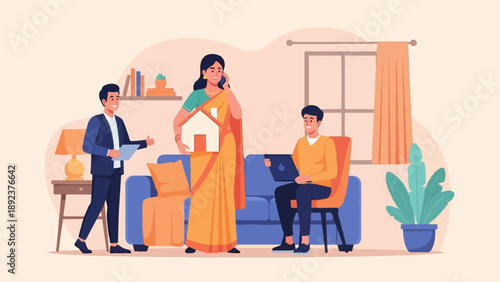 Family discussing homeownership, real estate agents present