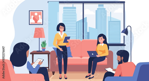 Diverse people gather in a modern living space with city views