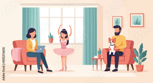 Family enjoying a home dance class and quiet time with a pet dog
