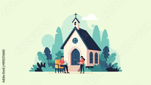 Figures converse outside a small church surrounded by lush foliage