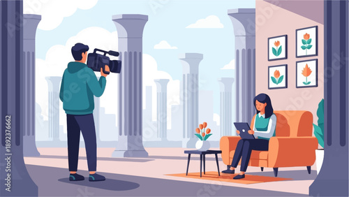 Filmmaker records person working on tablet in classical setting