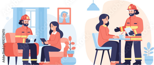 Firefighters interacting with citizens in home and cafe settings