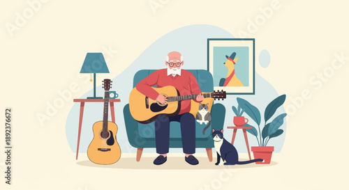 Elderly man plays guitar in armchair with cats, plants, and lamp