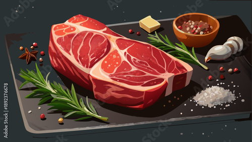 Very beautiful close-up of raw beef steak with spices on black slate board, focusing on preparation details, coarse salt, herbs, and natural meat fiber texture.