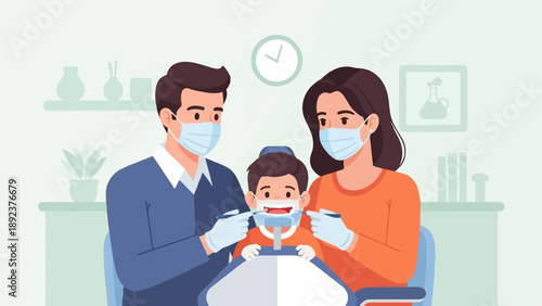 Family dental check-up with masks