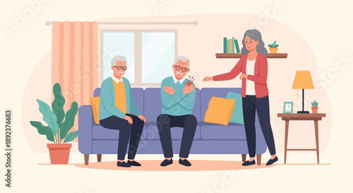 Elderly man experiences shoulder pain while a woman and another elder sit on sofa