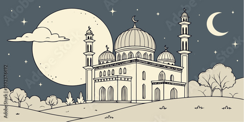 "Shab e Barat Islamic Night of Forgiveness Vector Illustration with Mosque and Moon"