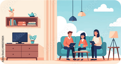Family relaxing on sofa, using laptops in cozy living room