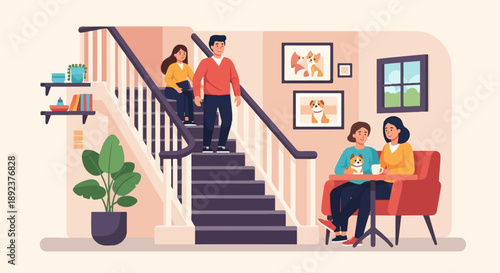 Family and pets relax indoors, with people on stairs and by a table