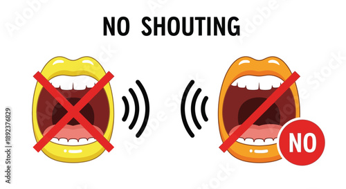 Illustration warning against excessive noise pollution and loud vocalizations like yelling or shouting through crossed-out cartoon mouths indicating silence is required