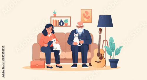 Elderly couple relaxing on sofa with cats and guitar