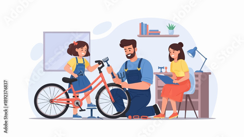 Family repairs bicycle together indoors with tools