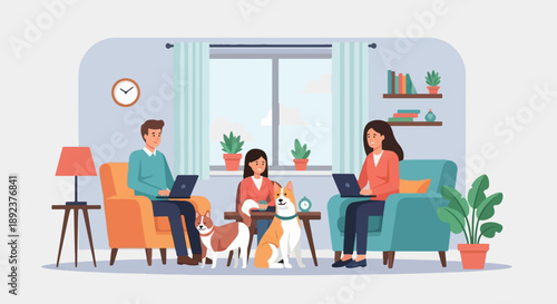 Family and dogs working together on laptops in a cozy living room