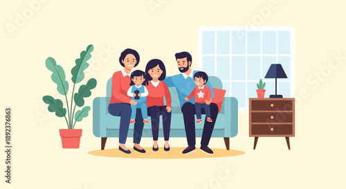 Family sitting on a couch in a living room, with a plant and a nightstand