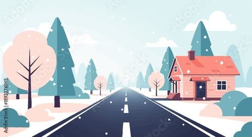 Flat cartoon-style house and road lined with snow-covered trees