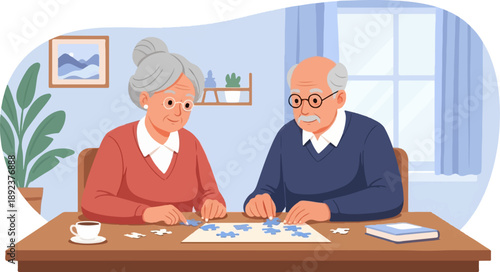 Elderly couple enjoys a quiet afternoon assembling a puzzle together at a table