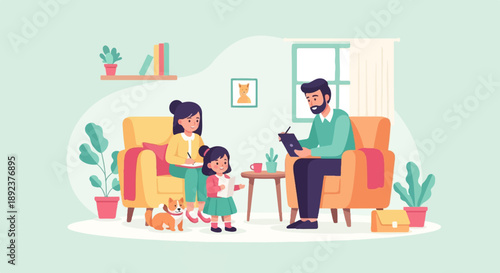 Family therapy session with a therapist, parents and child