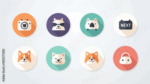 Flat design icons of cartoon animal faces, camera, and calendar