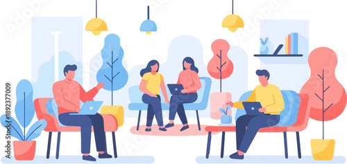 Diverse group of people collaborating on laptops in a modern, plant-filled office