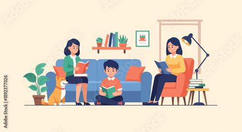 Family and dog relaxing indoors, reading books together
