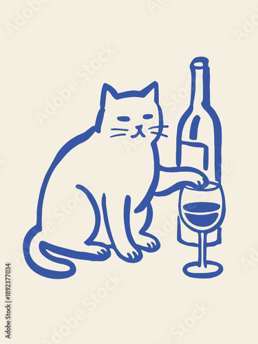 Cat with wine bottle doodle vector illustration