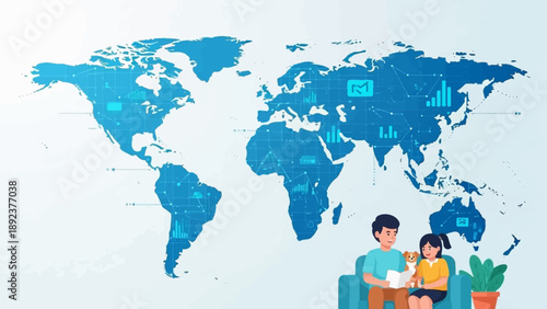 Family with dog enjoying connection on global digital network