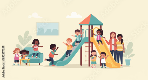 Diverse children joyfully play on a colorful playground structure with adults