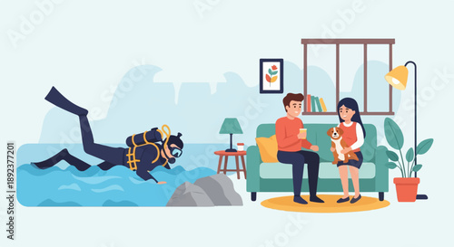 Diver exploring ocean while couple relaxes indoors with dog