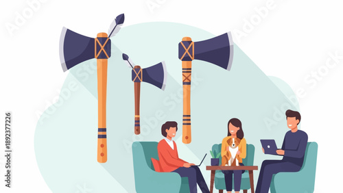Diverse people with laptop, dog, and stylized axes create a modern office scene