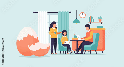 Family working and studying from home next to a giant egg