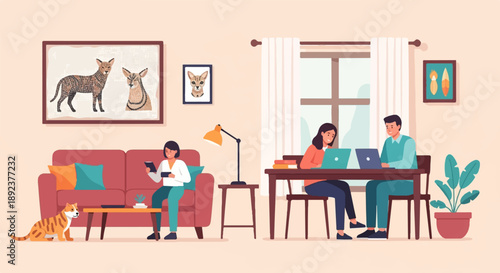 Family working and relaxing at home with pets