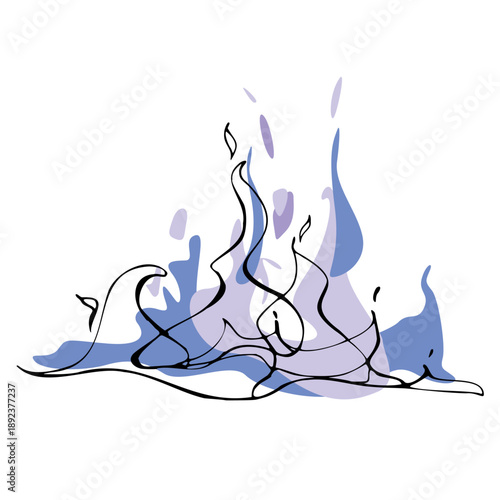 Dynamic blue and lavender flame with hand drawn ink contour, isolated vector fill. Bar design element for cocktail sets, fire drink icons, nightlife posters, digital art, wrapping designs