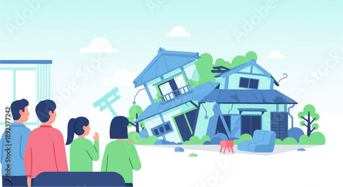 Distressed people observe a damaged, tilted house and utility pole after a disaster