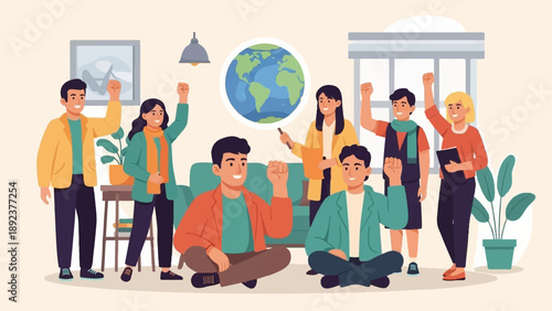 Diverse group of people raising fists in a room with a globe