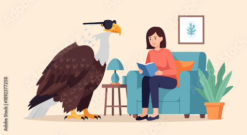 Eagle with sunglasses and woman reading book on couch
