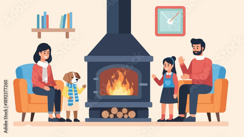 Family and dog enjoy cozy time by a warm fireplace