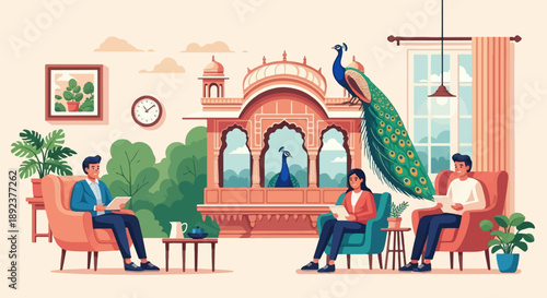 Diverse people relax in plush chairs near ornate architecture with peacocks