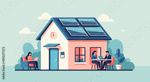 Eco-friendly house with people working remotely and solar panels