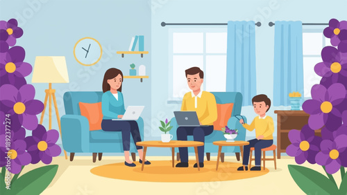 Family working on laptops at home with floral decorations