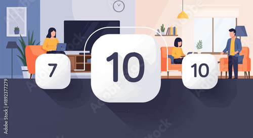 Diverse people work and interact within a modern, divided interior space