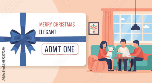 Family and dog celebrate indoors with Christmas gift ticket