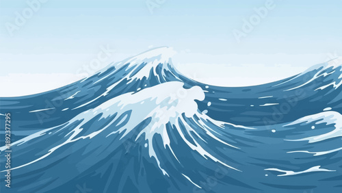 Dynamic blue ocean waves surge with white foam under a pale sky