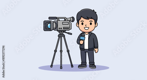 Cartoon Male Cameraman with Video Camera and Microphone.
