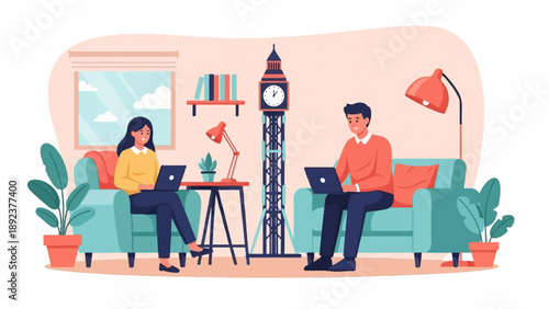 Diverse people working on laptops on comfortable couches indoors